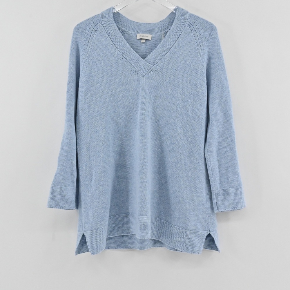 Kinross V-Neck Cable Sleeve Sweater Womens Size L Blue Cotton Pullover Knit